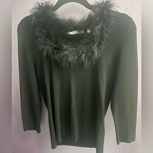 Max Studio Black fox fur faux feathered stretch tight sweater vintage Y2K Sexy